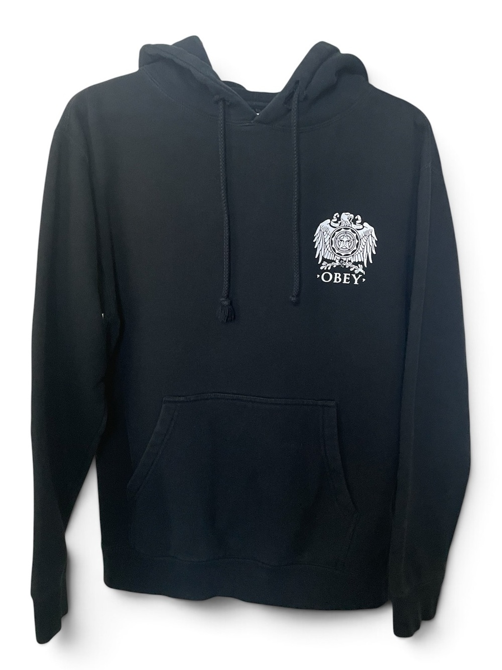 Obey Black White Pullover Hoodie with Crest Logo & Andre the Giant Size S
